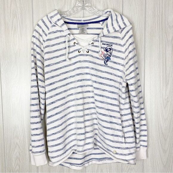 Disney Tops - Disney White and Blue Striped Lace-Up Hoodie Sweatshirt